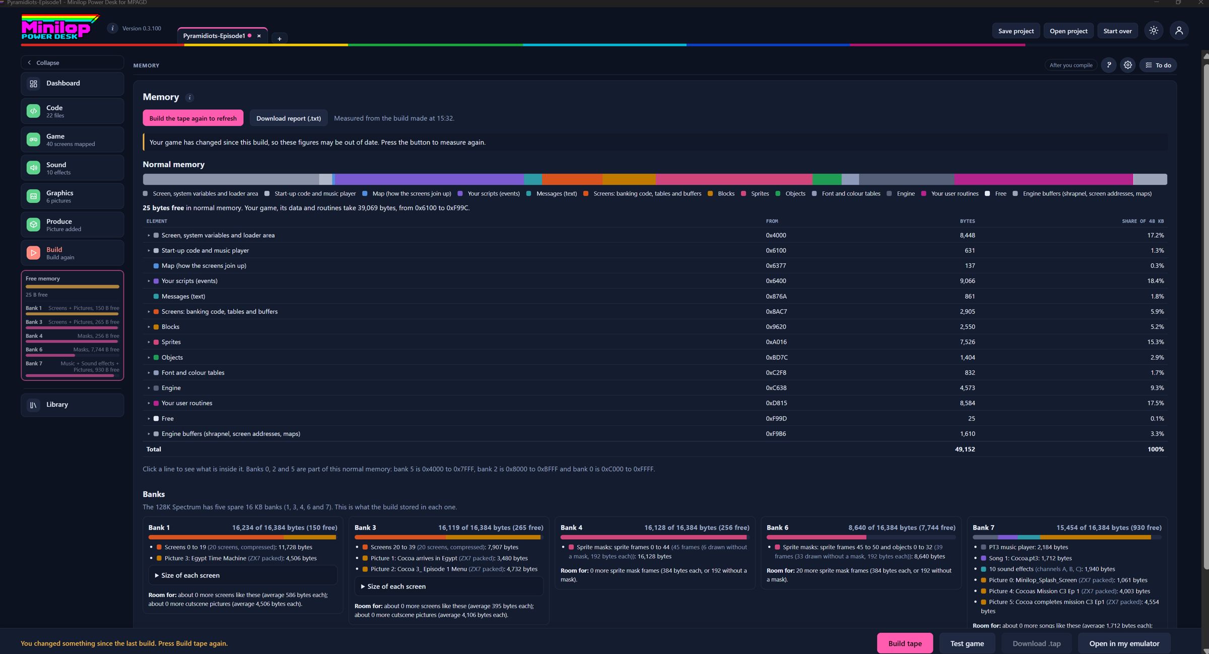 The Memory page after a build