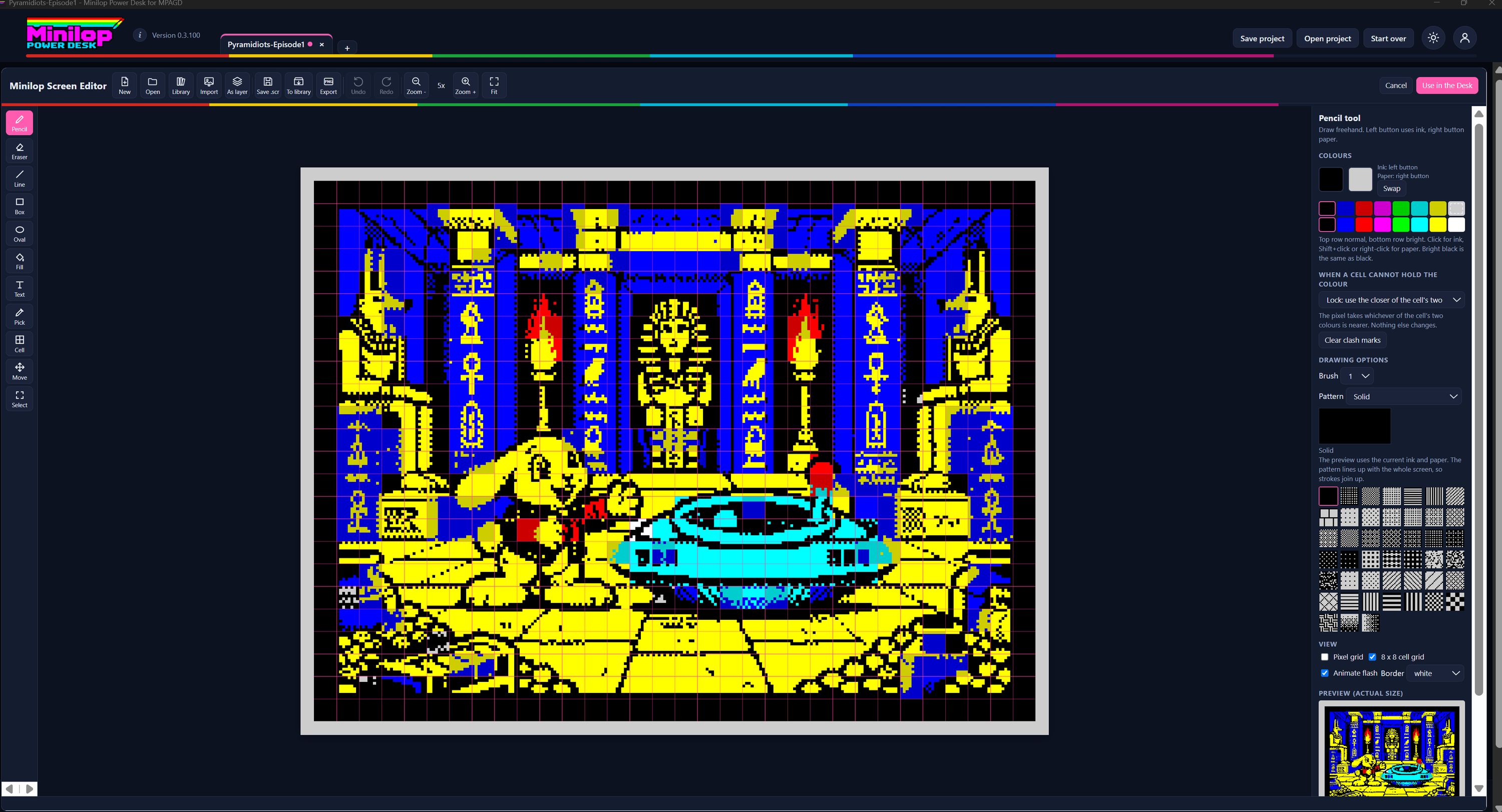 El Power Desk Screen Editor, con una imagen de Spectrum, la barra de herramientas, la paleta de colores y la lista de patrones