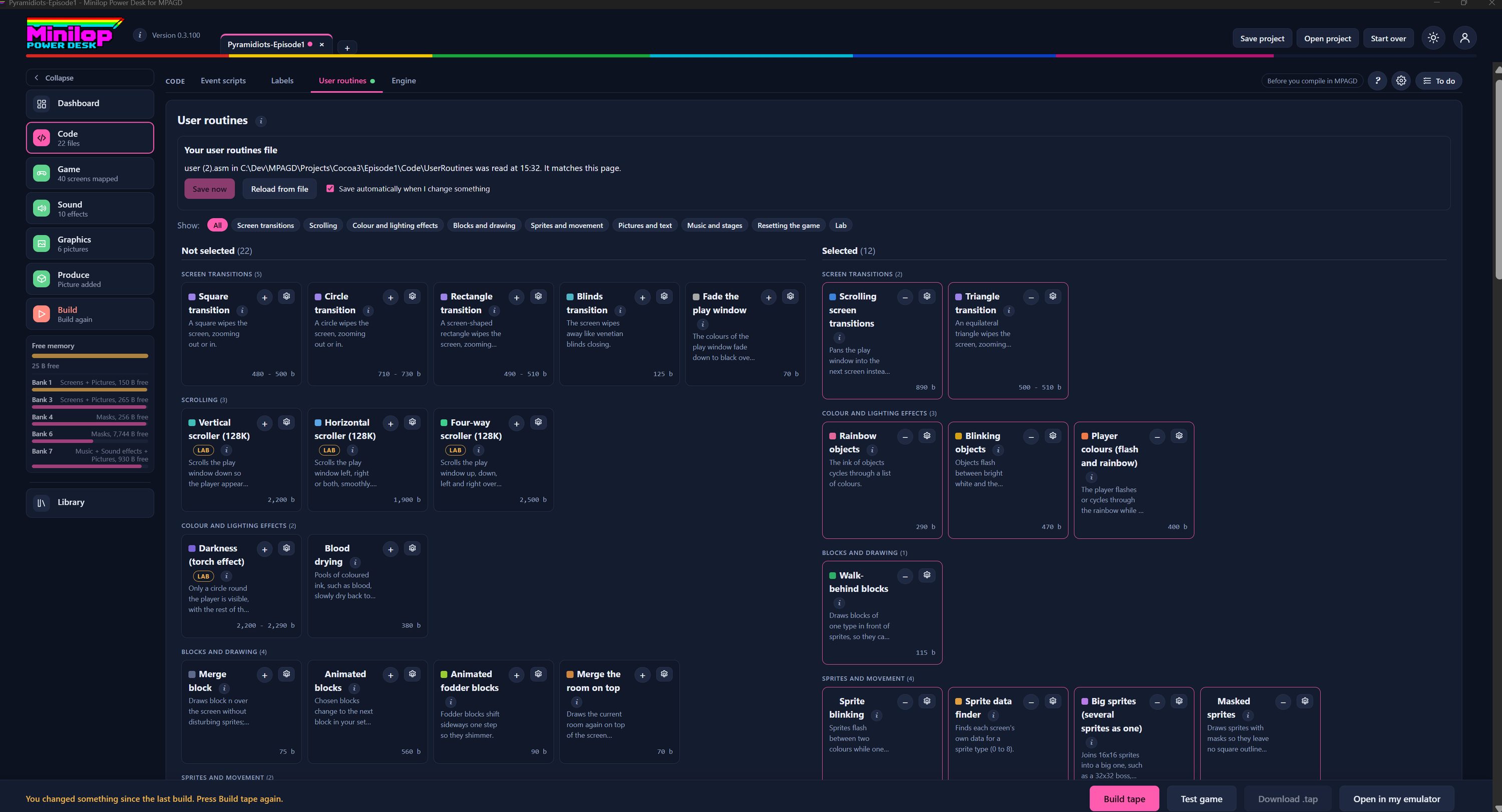 El constructor de rutinas de usuario de Power Desk, con las rutinas no seleccionadas a la izquierda y las rutinas seleccionadas a la derecha