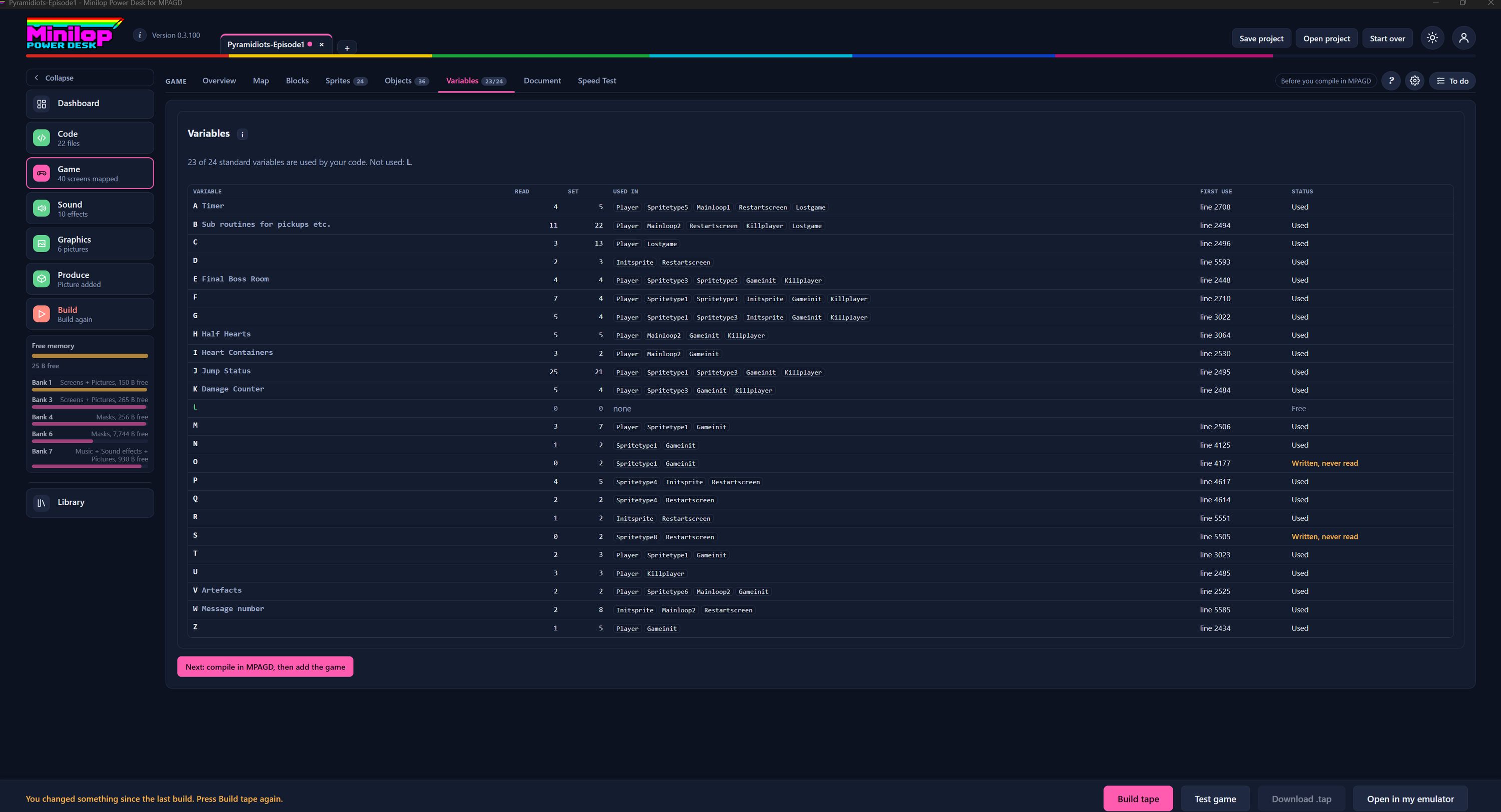La página Variables de Power Desk, con cada variable, sus lecturas, sus asignaciones, los eventos que la usan y su estado